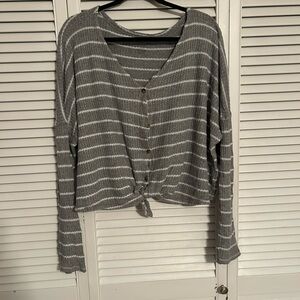 American Eagle Outfitters Oversized Gray and White Striped Button-Down Top